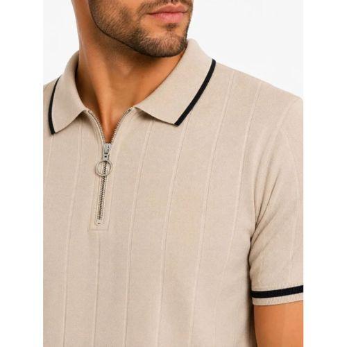 Erkek Fitilli Triko T-shirt Polo Yaka Yarım Fermuarlı Kısa Kollu Tişört - Bej