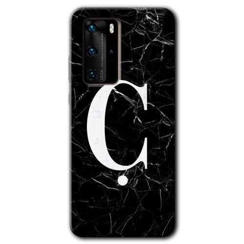 MRCİLETİSİM Huawei P40 Pro Kılıf HD Desen Baskılı Arka Kapak + Temperli Cam - Siyah Mermer Desenli Ç Harfi