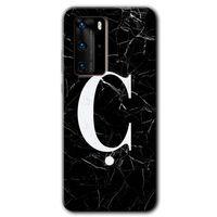 MRCİLETİSİM Huawei P40 Pro Kılıf HD Desen Baskılı Arka Kapak + Temperli Cam - Siyah Mermer Desenli Ç Harfi