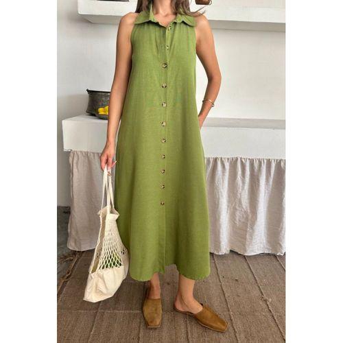 KETEN ÖNDEN DÜĞMELİ KOLSUZ GÖMLEK YAKA ELBİSE - Yağ Yeşili