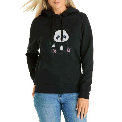 Panda Baskılı Siyah Kadın Kapşonlu Sweatshirt