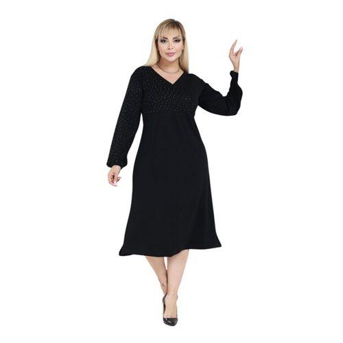 Melsay Butik Siyah Modal Taş Baskılı Kruvaze Yaka Elbise