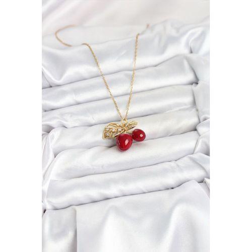 316L Çelik Zincir Yapraklı Kiraz Model Gold Renk Kadın Kolye