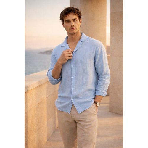 Apaş Yaka Oversize Müslin Kumaş Gömlek - Buz Mavi