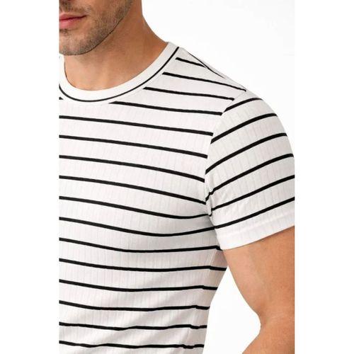 Erkek Çizgili Yazlık Triko T-Shirt Slim Fit Dar Kesim Body Bisiklet Yaka - Beyaz
