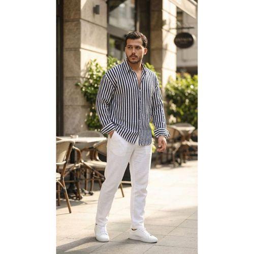 Erkek Dikey Çizgili Yarım Oversize Gömlek