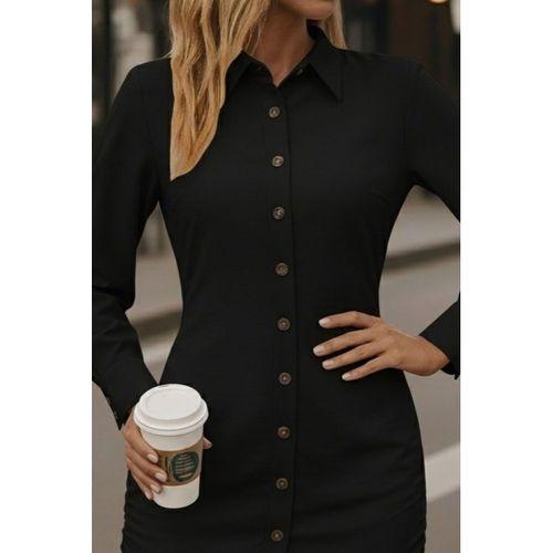 Kadın Uzun Kollu Gömlek Yaka önden Düğmeli Yanlardan Büzgülü Kısa Aerobin Elbise