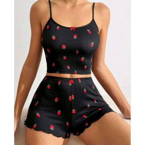 Kadın Siyah Çilek Desenli Seksi Gecelik Takım 6644