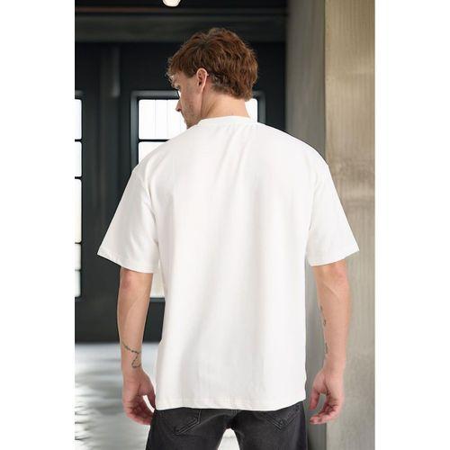 İki İplik Kumaş Pamuklu Bisiklet Yaka Basic Oversize Erkek T-Shirt - Ekru