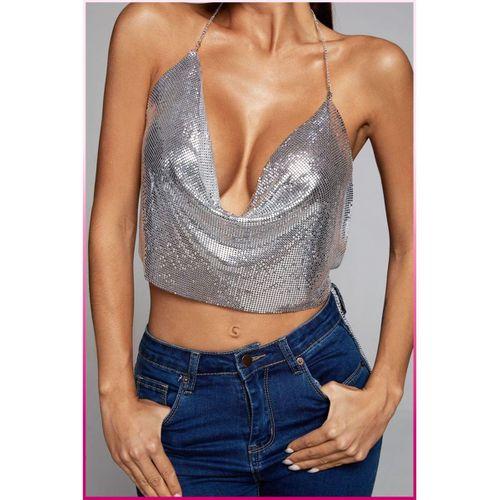 Parlak Gümüş Zırh Bustiyer,Kadın Seksi Zarif Crop