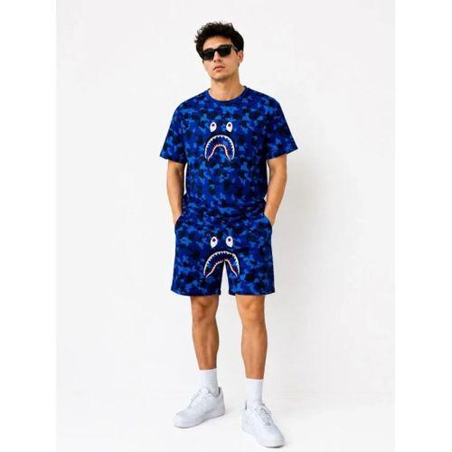 Erkek Oversize Kalıp Pubg Bape X Shark Nakışlı Cepli Şort Takım - Mavi