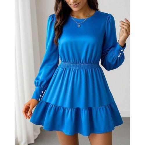 Kadın Uzun Kollu Bisiklet Yaka Beli Lastikli Fırfırlı Ithal Krep Elbise