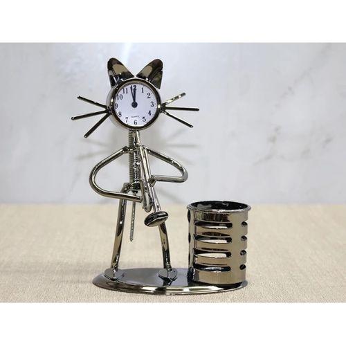 Metal Saksafon Çalan Kedi Müzisyen Saat Ve Kalemlik