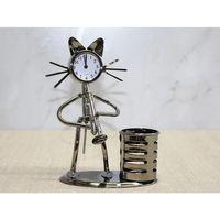 Metal Saksafon Çalan Kedi Müzisyen Saat Ve Kalemlik