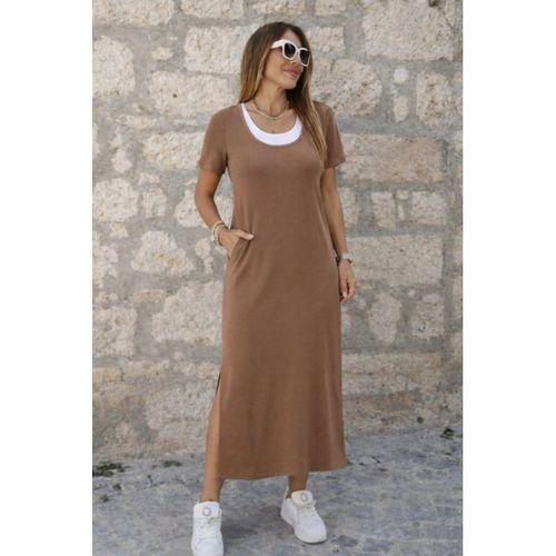 Kadın Kısa Kollu Içi Atlet Görünümlü Yandan Yırtmaçlı Uzun Viskon Elbise