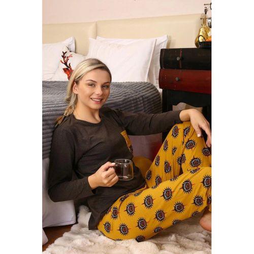 Kadın Uzun Kol Penye Pijama Takım Kahve