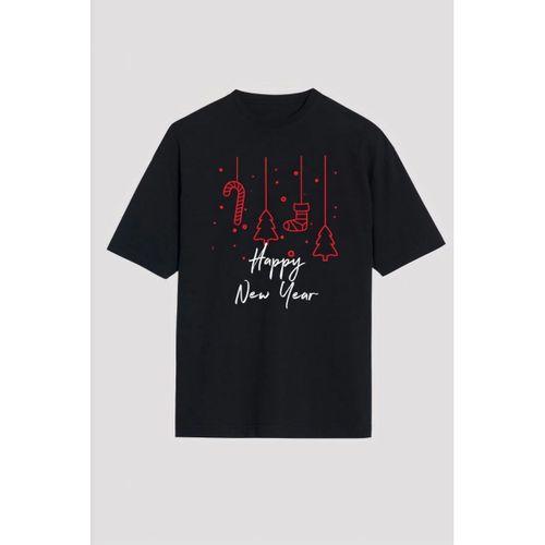 Happy New Year Baskılı T-shirt - Siyah