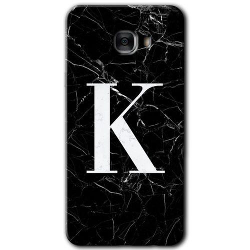 MRCİLETİSİM Samsung Galaxy C7 Pro Kılıf HD Desen Baskı Arka Kapak + Temperli Cam - Siyah Mermer Desenli K Harfi
