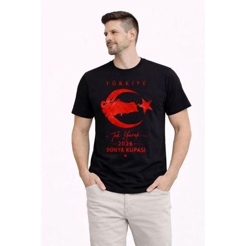 Erkek TÜRKİYE Ay Yıldız Baskılı Taraftar Forma T-Shirt - Siyah
