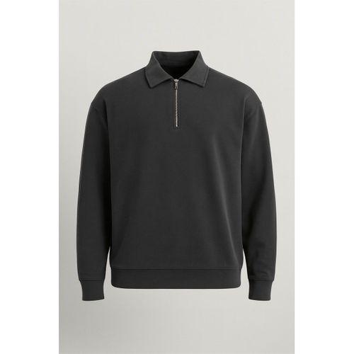 Scuba Modal Kumaş Relaxed Fit Yarım Fermuarlı Polo Yaka Erkek Sweatshirt - Siyah