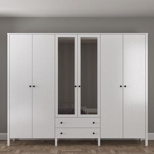 Venezia 6 Kapak 2 Çekmece Aynalı Ahşap Ayaklı Gardırop 240 Cm Genişlik - Minifiks - Wood Beyaz