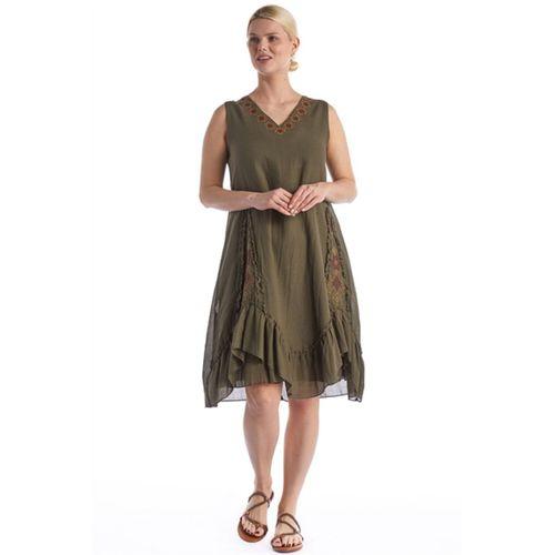 Kolsuz Haki V Yaka Yazlık Nakışlı Otantik Vual Kısa Elbise