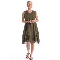 Kolsuz Haki V Yaka Yazlık Nakışlı Otantik Vual Kısa Elbise