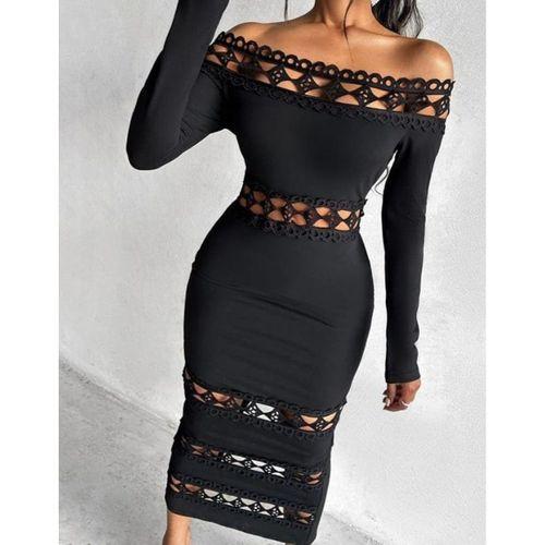 Kadın Uzun Kollu Madonna Dantel Yaka Yırtmaçlı Midi Dalgıç Elbise