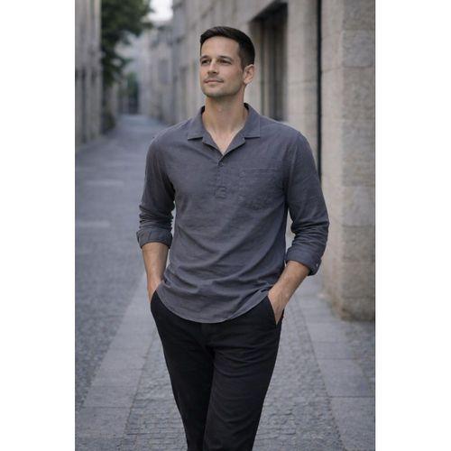 Sartre Apaş Yaka Tek Cepli İnce Modal Kumaş Uzun Kollu Yazlık Gömlek - Füme