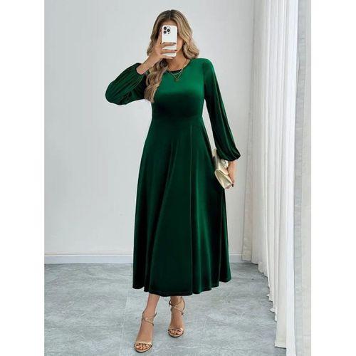 Kadın Uzun Kollu Bisiklet Yaka Midi Kadife Elbise