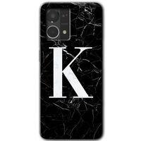 MRCİLETİSİM Oppo Reno 7 4G Kılıf HD Desen Baskılı Arka Kapak+Temperli Cam - Siyah Mermer Desenli K Harfi