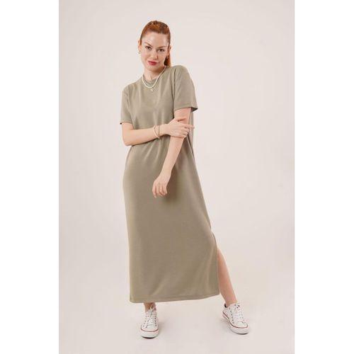 Yırtmaç Detaylı Kısa Kollu Salaş Maxi Yağ Yeşili Elbise