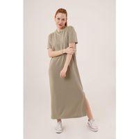 Yırtmaç Detaylı Kısa Kollu Salaş Maxi Yağ Yeşili Elbise