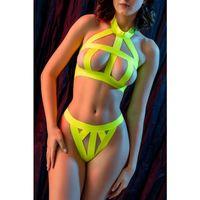 Kadın Fantazi Seksi Neon Sarı Bant Detaylı İç Giyim Takımı, Fetiş Tarz İki Parça Transparan Set