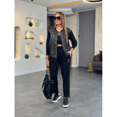 Kadın Uzun Kollu önden Fermuarlı Leopar Desenli Viskon Iki Iplik Bluz Ve Pantolon Ikili Takım