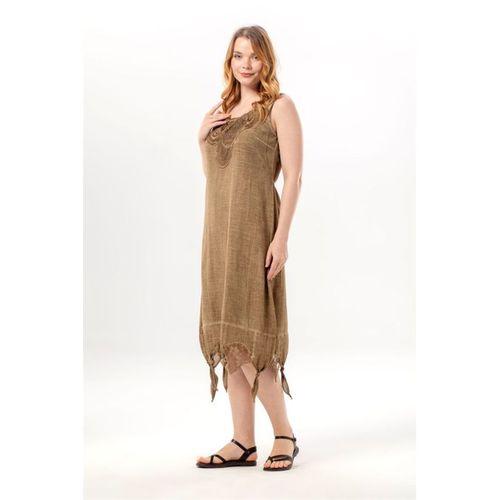 Kolsuz Gece Yuvarlak Yaka Otantik Poplin Midi Boy Elbise Toprak Tprk