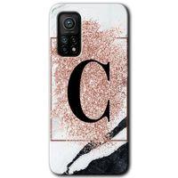 MRCİLETİSİM Xiaomi Mi 10T Pro Kılıf Kapak - Pembe Mermer Desenli C Harfi +Hayalet Ekran Yandan Gözükmez