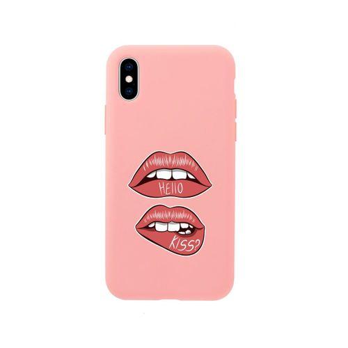 iPhone Xs Max Hello Kiss Premium Pembe Lansman Silikonlu Kılıf