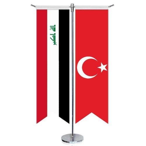 Irak Cumhuriyeti Bayrağı Ve Türkiye - Kırlangıç - Saten T Direk 2li Masa Bayrağı