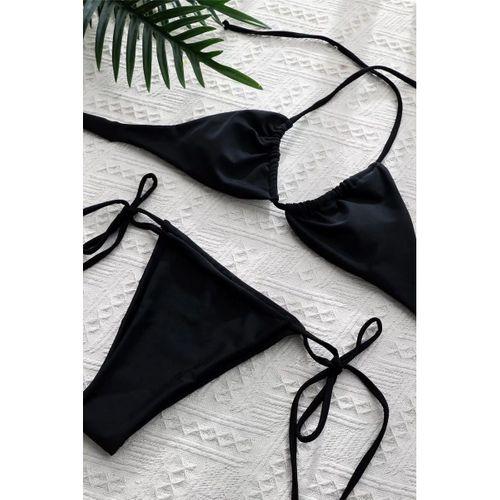 Kadın Siyah Yandan Bağlamalı Tangalı Üçgen Bikini Mayo Takımı