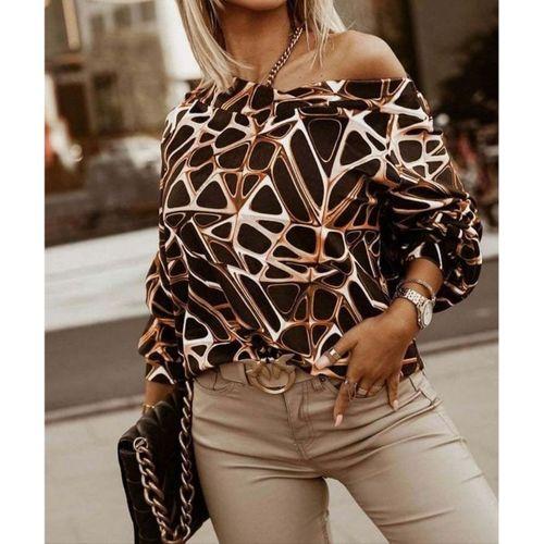 Kadın Uzun Kollu V Yaka Düşük Omuz Geometrik Desen şardonlu Dalgıç Bluz