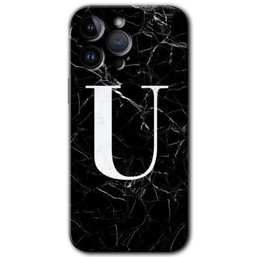 iPhone 14 Pro Max Kılıf HD Desen Baskılı Arka Kapak - Temperli Cam - Siyah Mermer Desenli U Harfi
