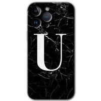 iPhone 14 Pro Max Kılıf HD Desen Baskılı Arka Kapak - Temperli Cam - Siyah Mermer Desenli U Harfi