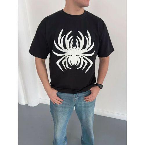 Erkek Örümcek Baskılı Tişört Kısa Kollu Bisiklet Yaka T-Shirt - Siyah