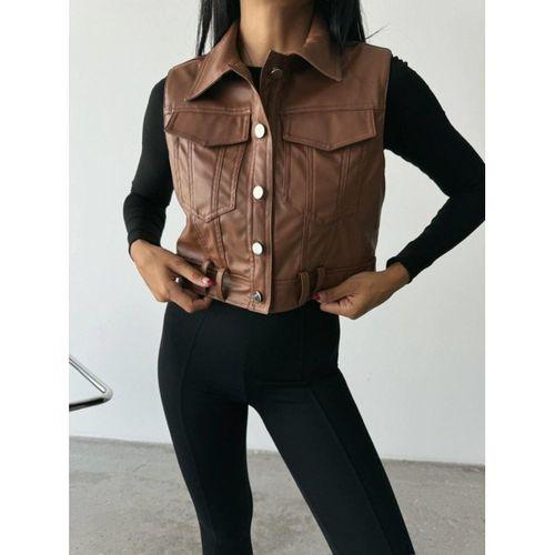 DERİ CROP YELEK - Kahverengi