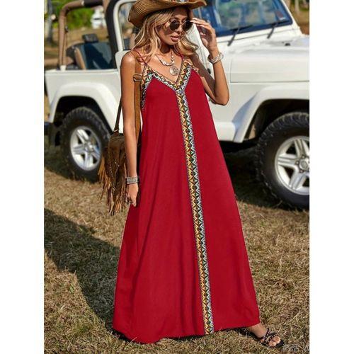 Kadın Askılı V Yakalı Etnik şerit Detaylı Uzun Viskon Elbise