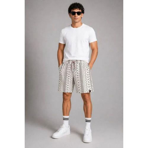 Erkek Dokuma Şort Etnik Desenli Lastikli Bağcıklı Bel Cepli Yazlık Rahat - Bej