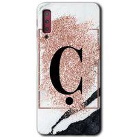 Galaxy A7 2018 Kılıf HD Desen Baskılı Arka Kapak - Pembe Mermer Desenli Ç Harfi + Kırılmaz Cam