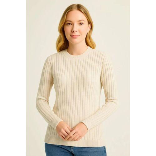 Bisiklet Yuvarlak Yaka Triko Kazak Pamuklu Kalın Fitilli Dokuma, Regular Fit Uzun Kollu Kışlık Model - Bej