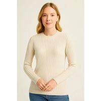 Bisiklet Yuvarlak Yaka Triko Kazak Pamuklu Kalın Fitilli Dokuma, Regular Fit Uzun Kollu Kışlık Model - Bej